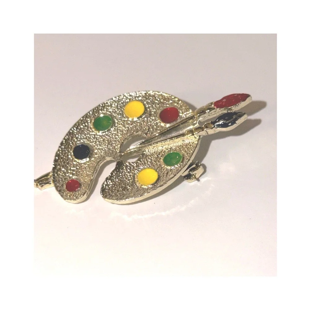 Gerrys Artist Palette Brooch OS Excellent Gold Tone Enamel‎ Paint Brush Art Pin